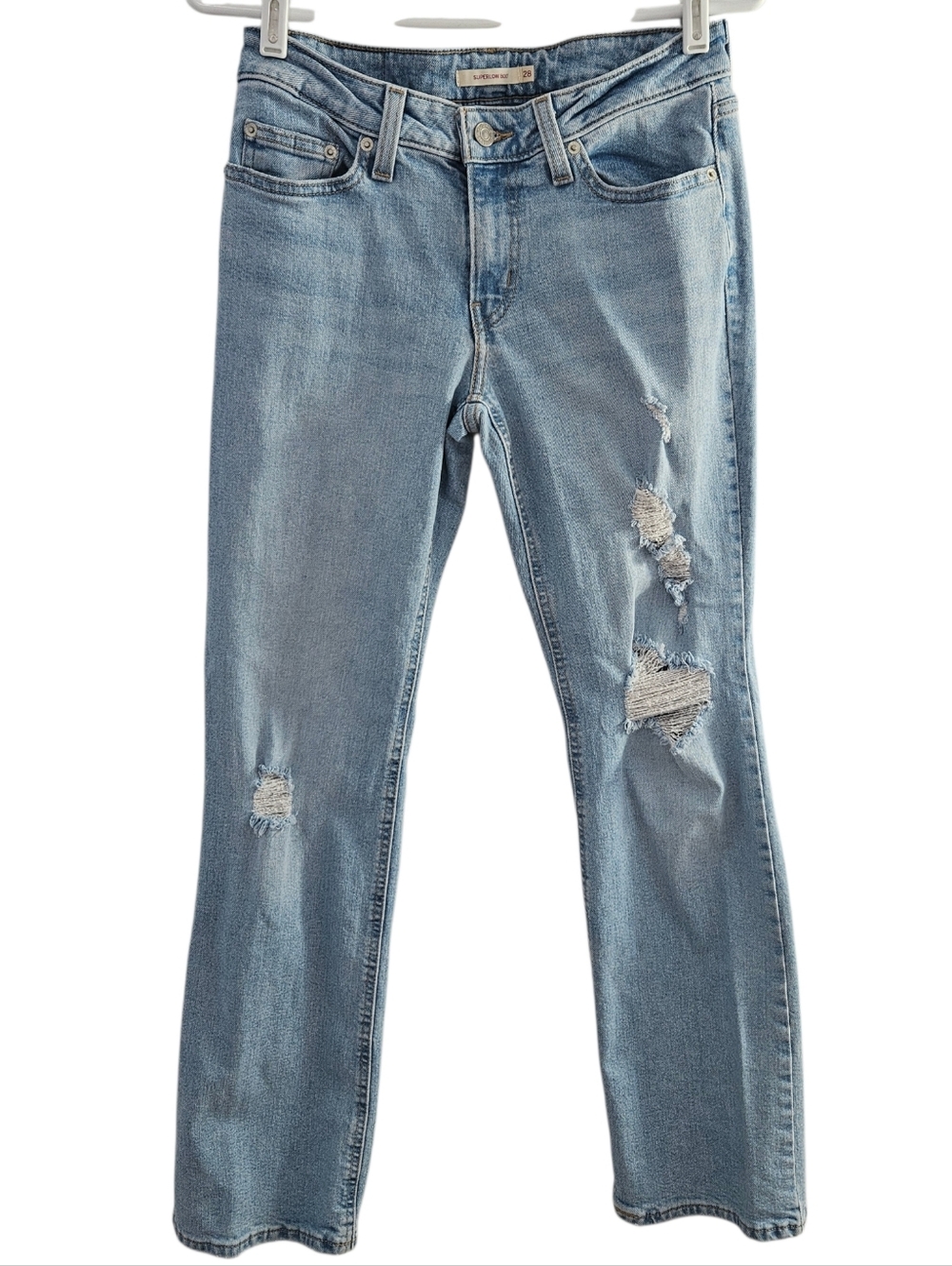 Levis Strauss & CO Superlow Bootcut Disstressed Denim Light Blue Jeans